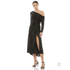 Ieena for Mac Duggal One Shoulder Sequin Long Sleeve Midi Dress Size 2